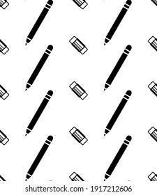 Eraser With Pencil Icon, Pencil Pen Eraser Icon Seamless Pattern Vector Art Illustration