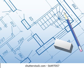 Eraser and pencil on architectural drawing 2