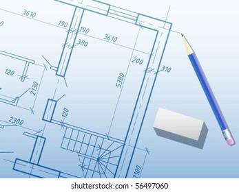 Eraser and pencil on architectural drawing