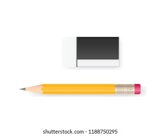 Eraser and pencil on white background with soft shadow. Vector illustration.