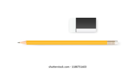 Eraser and pencil on white background with soft shadow. Vector illustration.