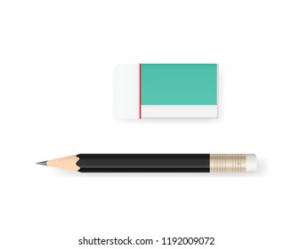 Eraser and pencil on white background with soft shadow. Vector illustration.
