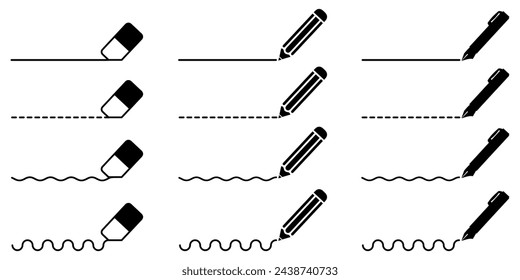 Eraser, pencil and pen set icons. Write, draw, erase set symbol