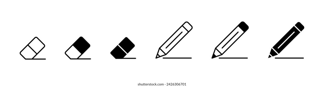 Eraser, pencil set icons. Write, draw, erase set vector icons, symbol. Pencil, eraser icons