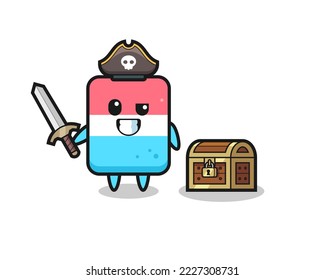 the eraser pirate character holding sword beside a treasure box , cute style design for t shirt, sticker, logo element