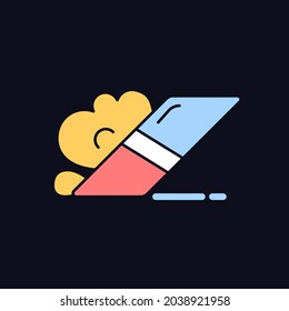 Eraser RGB color icon for dark theme. Item for rubbing away pencil marks from paper. Scraping off ink. Isolated vector illustration on night mode background. Simple filled line drawing on black