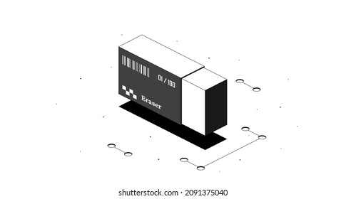 Eraser rubber. Black and white isometric 3d illustration isolated on white background.