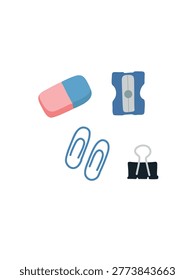 eraser sharpener and paper clips isolated on white background minimal style