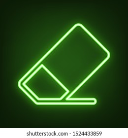 Eraser sign. Green neon icon in the dark. Blurred lightening. Illustration.