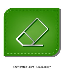 Eraser sign. Silver gradient line icon with dark green shadow at ecological patched green leaf. Illustration.