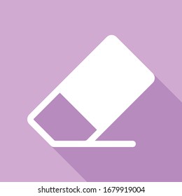Eraser sign. White Icon with long shadow at purple background. Illustration.