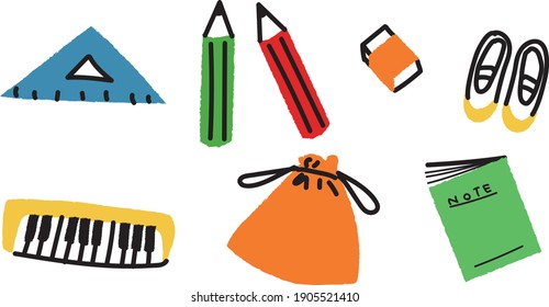 Eraser, slippers, keyboard harmonica, notebooks and other school supplies