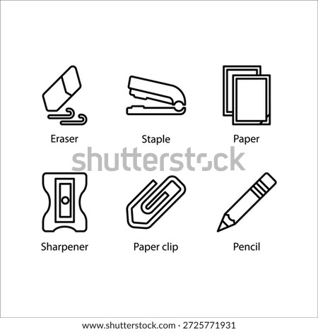 Eraser, Staple, Paper, Sharpener, Paper clip, Pencil, icon