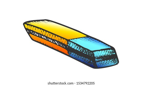 Eraser Stationery Equipment Color Vector. Eraser For Correction Mistake In Document. Rubber Tool Engraving Concept Template Hand Drawn In Vintage Style Illustration