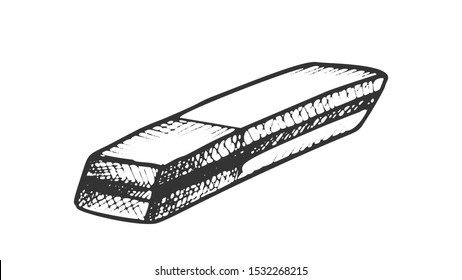 Eraser Stationery Equipment Monochrome Vector. Eraser For Correction Mistake In Document. Rubber Tool Engraving Concept Template Hand Drawn In Vintage Style Black And White Illustration