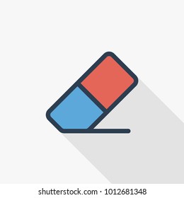 Eraser thin line flat color icon. Linear vector illustration. Pictogram isolated on white background. Colorful long shadow design.