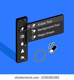Eraser Tool. Background and Magic Eraser Tool. Isometric vector illustration.