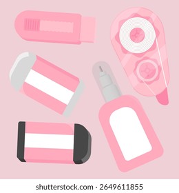 Eraser tools set in soft pink pastel tones, including correction tapes, pens, and erasers in flat vector style.