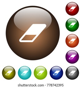 Eraser white icons on round color glass buttons