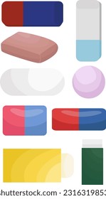 erasers, nags, eraser set, round, oval, rectangular, erasers of different colors, shapes and sizes, school and office supplies, vector, illustration, set