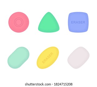 Erasers of various shapes and colors set with texture. School and office supplies collection. Flat vector illustration isolated on white background 