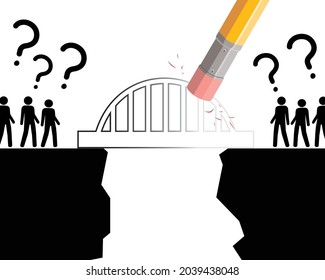 erasing bridge between two groups of people, vector illustration 