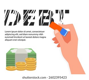 Erasing the words DEBT. Concept of fighting against debt for financial freedom stock illustration.