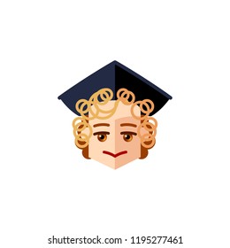 Erasmus character face wearing a black old fasionned hat. Male character in a sexteenth cetury black hat. Mascot, avatar of a guy with curly blond hair for animation or game