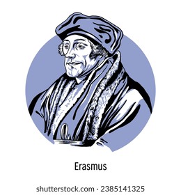 Erasmus of Rotterdam is a Dutch philosopher, thinker, theologian, biblical scholar and writer. Vector illustration, hand drawn.