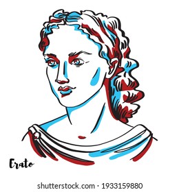 Erato engraved vector portrait with ink contours on white background. In Greek mythology, Erato is one of the Greek Muses, which were inspirational goddesses of literature, science, and the arts.