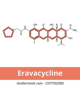 Eravacycline. A synthetic halogenated tetracycline class antibiotic with a broad spectrum of activity including many multi-drug resistant strains of bacteria. Chemical structure.