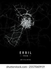 Erbil vector print map in dark theme. Detailed map of Erbil in Iraq. Best free vector illustration. Tourist decorative minimalist street map.