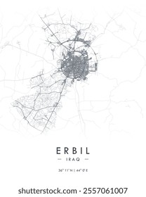 Erbil vector print map. Detailed map of Erbil in Iraq. Best free vector illustration. Tourist decorative minimalist street map.