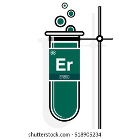 Erbio symbol - Erbium in Spanish language - on label in a green test tube with holder. Element number 68 of the Periodic Table of the Elements - Chemistry 