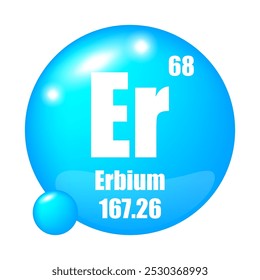 Erbium icon. Er chemical element. Atomic number 68. Mass 167.26. Blue sphere symbol.