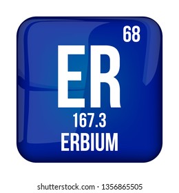 Erbium symbol.Chemical element of the periodic table on a glossy white background in a silver frame.Vector illustration.