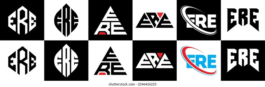 ERE letter logo design in six style. ERE polygon, circle, triangle, hexagon, flat and simple style with black and white color variation letter logo set in one artboard. ERE minimalist and classic logo