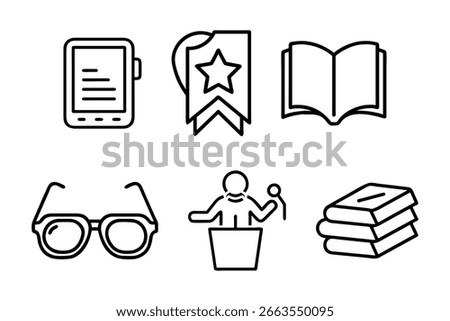 E-reader, Bookmark, Open Book, Reading Glasses, Public Speaker, and Stack of Books Line Icons