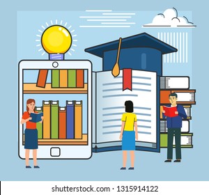 E-reader, e-library, electronic book concept. People stand near book reading device. Poster for social media, banner, web page, presentation. Flat design vector illustration