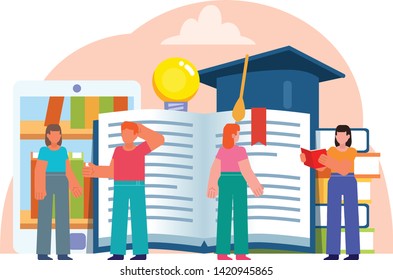 E-reader, e-library, electronic book concept. People stand near book reading device. Poster for social media, banner, web page, presentation. Flat design vector illustration