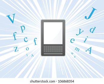 Ereader floating and bursting with letters