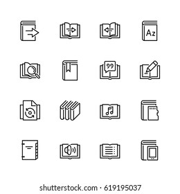 Ereader interface related vector icon set in thin line style