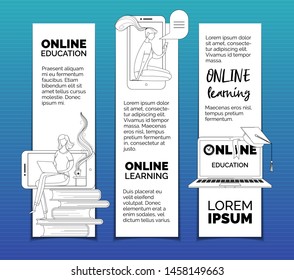 Ereading bookmarks templates set. Digital library archive, ereader, elearning web banners pack with text space. Online courses, Internet lessons and remote classes advertisement posters