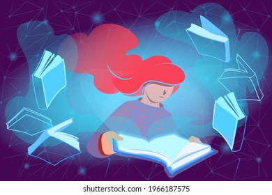 E-reading concept in modern style. Woman reads online books. Distance education technology flat design. Virtual knowledge, digital library illustration. Web study, learning space. Vector graphic.