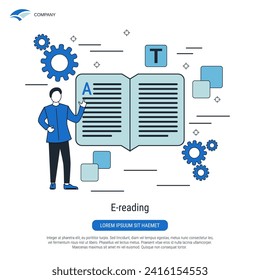 E-reading, digital book flat contour style vector concept illustration