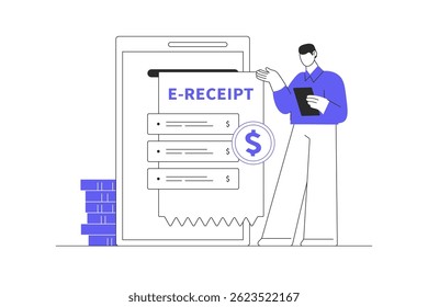 E-Receipt. Electronic Invoice concept, digital bill for online transactions system. Flat Cartoon Vector Illustration, icon. Stylish abstract design landing page