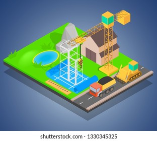Erect concept banner. Isometric banner of erect vector concept for web, giftcard and postcard