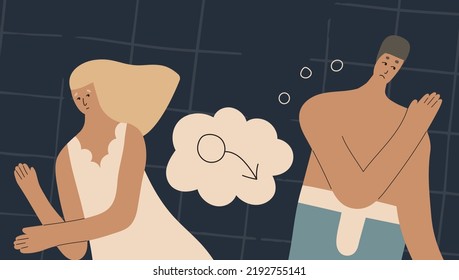 Erectile Dysfunction, Impotence Concept. Erection Problems In Sexual Life. Bad Sex In Marriage. Couple In Bed Without Clothes Flat Cartoon Vector Illustration. Man And Woman Intimacy. Penis Weakness.