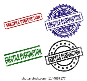 ERECTILE DYSFUNCTION seal stamps with corroded style. Black, green,red,blue vector rubber prints of ERECTILE DYSFUNCTION title with corroded style. Rubber seals with round, rectangle, rosette shapes.