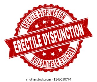 ERECTILE DYSFUNCTION seal watermark with distress texture. Rubber seal imitation has circle medal shape and contains ribbon. Red vector rubber print of ERECTILE DYSFUNCTION label with grunge texture.